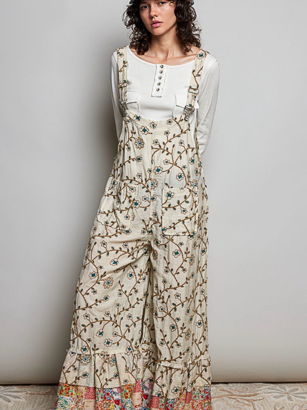 Bohemian Textured Floral Embroidered Wide-Leg Overalls - Cream - Picture 3 of 7